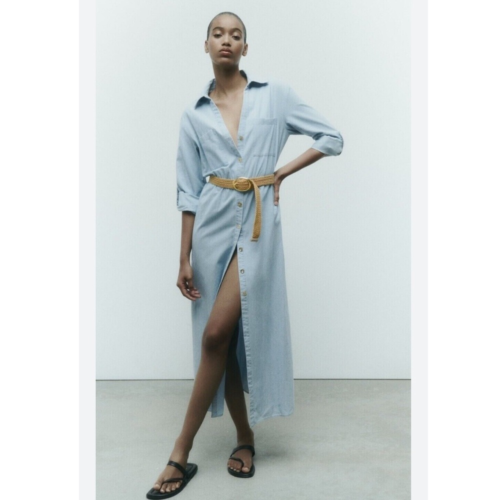 Zara Blue Chambray Button Down Belted Shirtdress Size Medium
